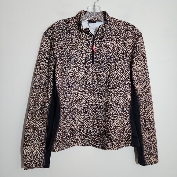 Hot Chillys 1/4 zip cheetah print color block under sleeves shirt woman's size L - Picture 1 of 15